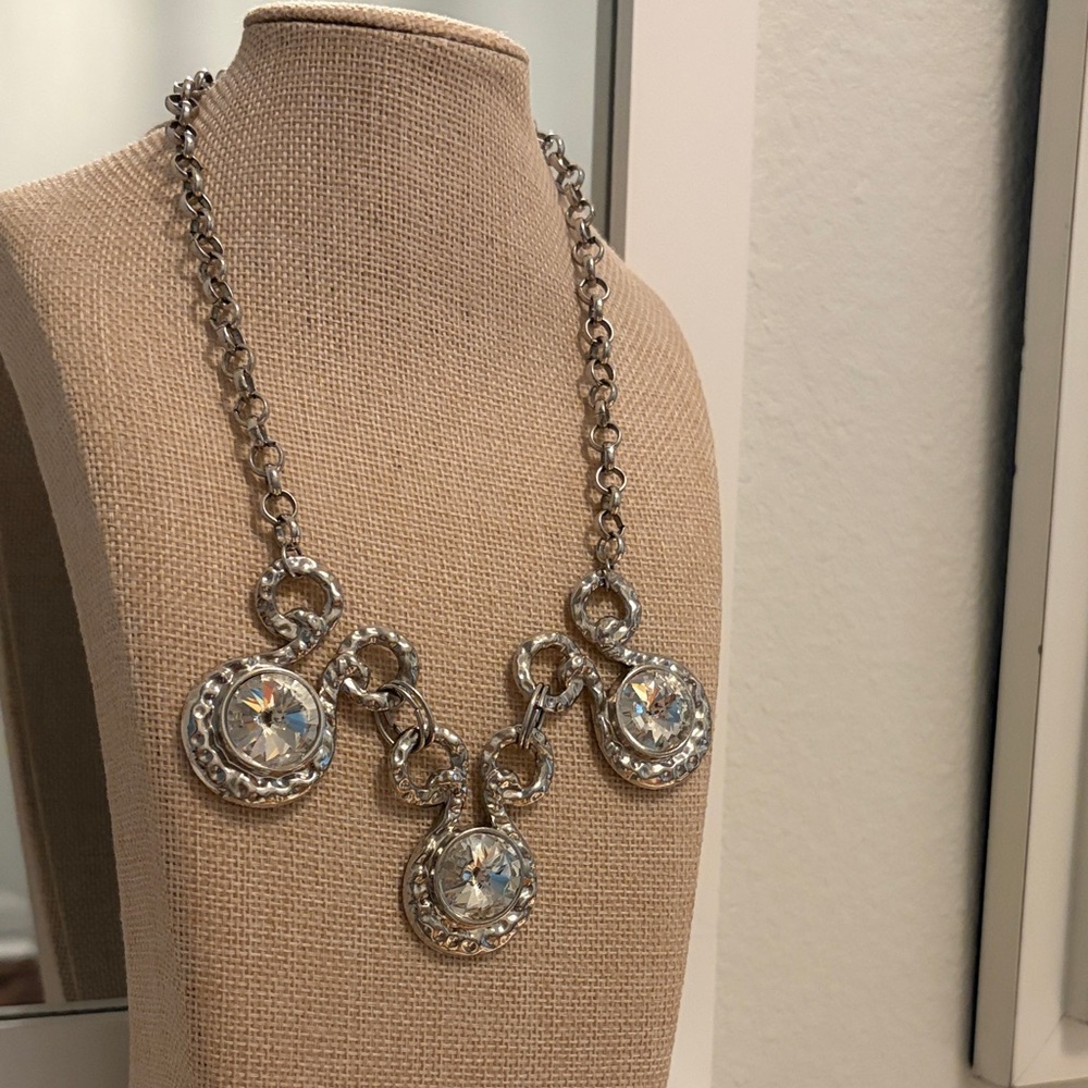 Silver Statement Necklace with Crystal Accents Rolo chain